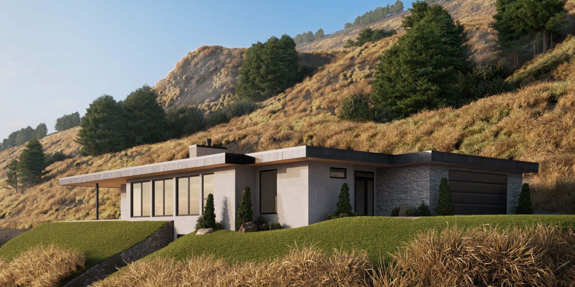 Image of the exterior of a home with green grass and a hillside behind. The house has many windows, a flat roof and an attached garage.